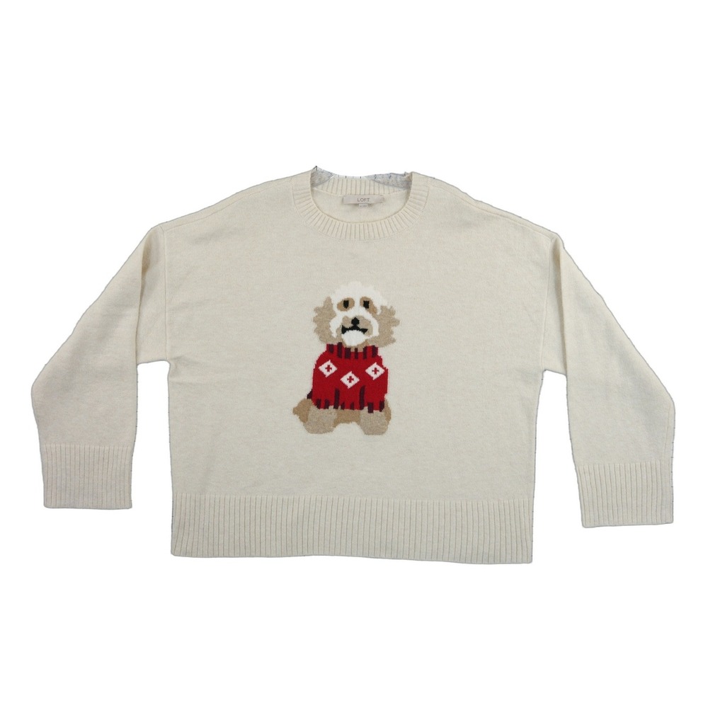 LOFT Dog Sweater Women's Size XL Cream Intarsia Cotton Blend Pullover Doodle - Picture 2 of 8